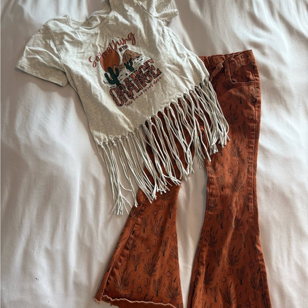 Fringe Tee and Flared Pants Western Set “Something in the Orange”